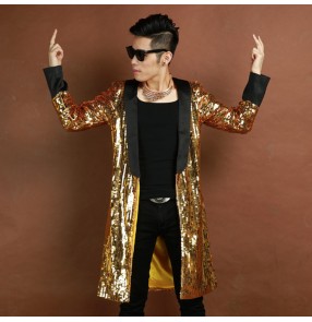 Gold sequins black lapel collar front open male men's mans drummer singer  magician performance jazz hip hop punk rock club bar pole dance dance wear blazers outwear long coat 